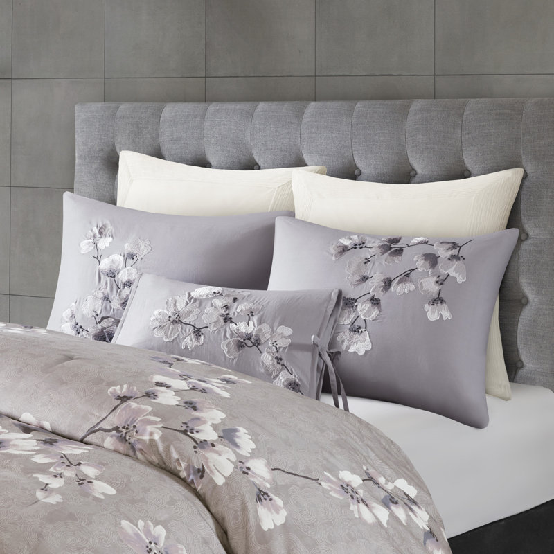Ensemble d'édredon en satin de coton 3 pièces N Natori Lilac Sakura Blossom, Édredon pour grand lit + 2 taies décoratives