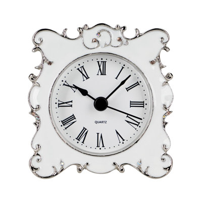 Pewter Pretty Small And Cute Vintage Table Clock With Quartz Analog Crystal Rhinestone 3 Inch For Living Room Bathroom Decoration, White Enamel