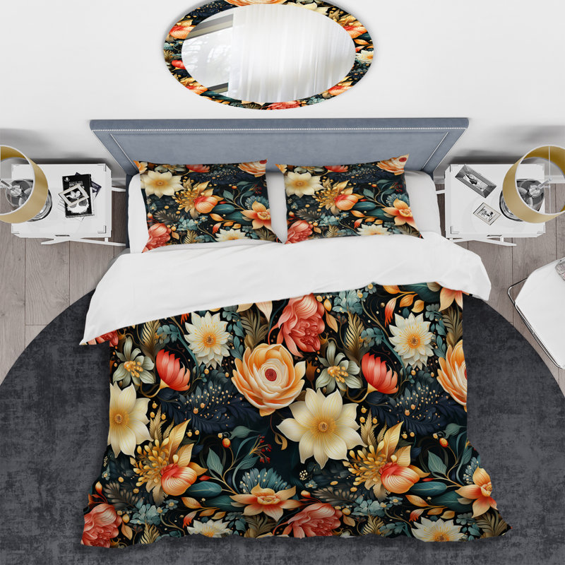 Vintage Glamour Floral Pattern III Box Stitch Floral Duvet Cover, King Duvet Cover + 2 King Shams