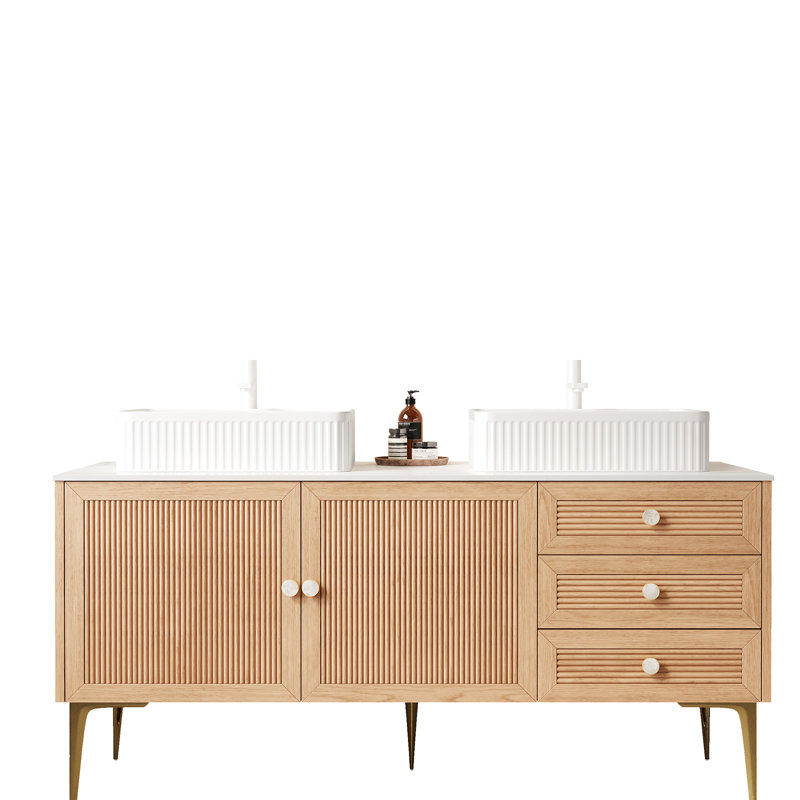 Meuble-lavabo autoportant de 60 po avec 2 lavabos rectangulaires blancs en céramique, portes, 3 tiroirs, 4 pieds en métal, couleur chêne, pré-assemblé, contreplaqué haute résistance, système de fermeture en douceur, style moderne, grand