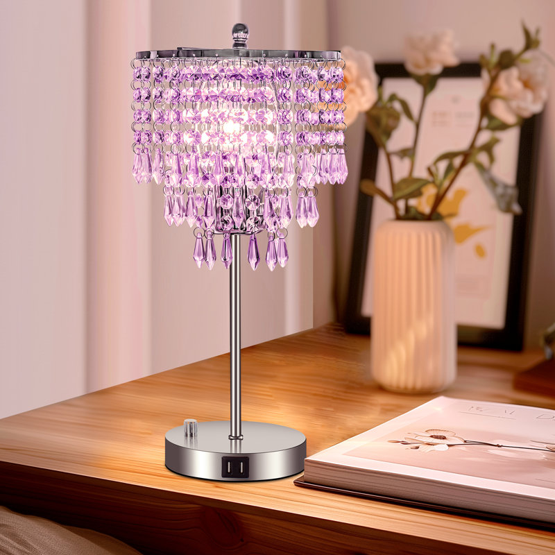 Lampe de bureau à 3 intensités en cristal à intensité variable avec deux ports USB, Argent, Mauve