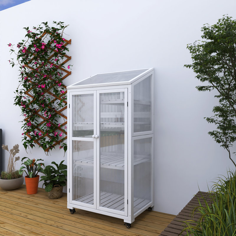 62 In. Wood Portable Greenhouse With Wheels And Adjustable Shelves, White