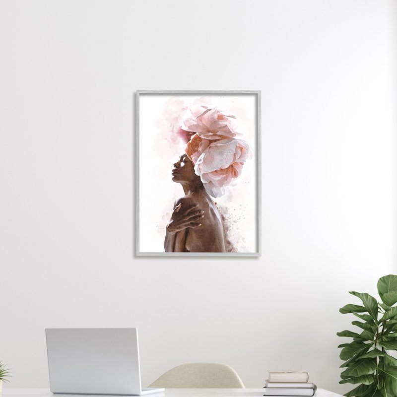 Portrait d'une femme afro-américaine à couronne florale rose, Giclée encadrée blanc bord de mer, H 30 po x l 24 po