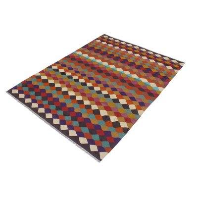 Tapis géométrique bleu / beige en laine noué à la main à motif géométrique 5 pi 7 po x 8 pi 3 po Cedorah