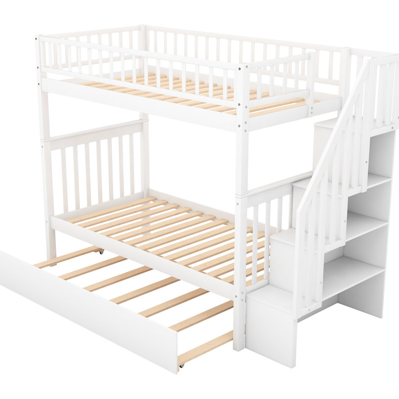 Lit superposé simple blanc avec lit gigogne et rangement - pin robuste, rangement de 42,3 po x 76 po, fabrication en pin durable