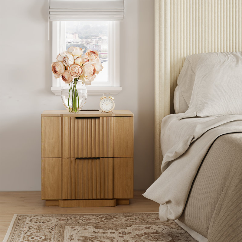 Designer Modern Minimalist Style 2-drawer Fluted Panel Nightstand With Charging Station（set Of 2）, Brown