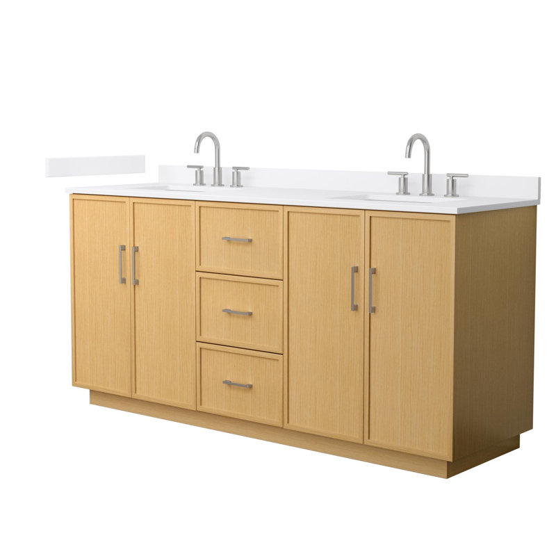 Ensemble de meuble-lavabo double 72 po avec patins en chêne clair Elan, comptoir en marbre de culture blanc, lavabos carrés encastrés (3 trous), garniture en nickel brossé