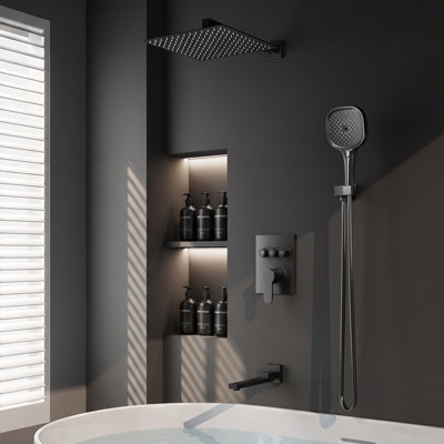 Système de baignoire et de douche à effet pluie de 30 cm (12 po) à pression équilibrée avec douchette à main à 4 fonctions, bec de baignoire pivotant et robinet d'encastrement