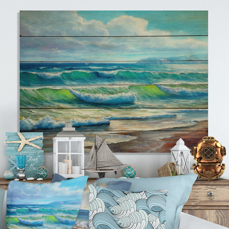 «Blue Ocean Waves Scenery V», impression sur bois sans cadre, H 16 po x l 32 po x P 1 po