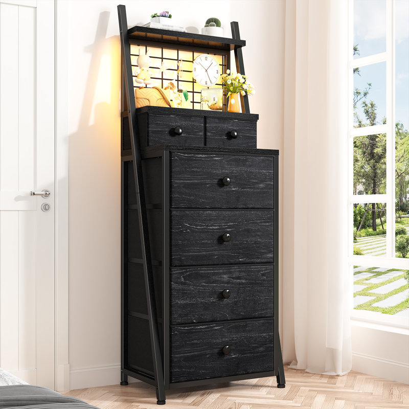 6 Drawer Dresser For Bedroom With Metal Mesh Shelf, Tall Dresser With Led Lights, Black