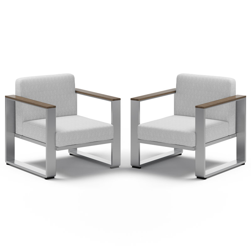 Ensemble de 2 fauteuils d'extérieur en aluminium pour patio, Gris clair, Noyer / Argent