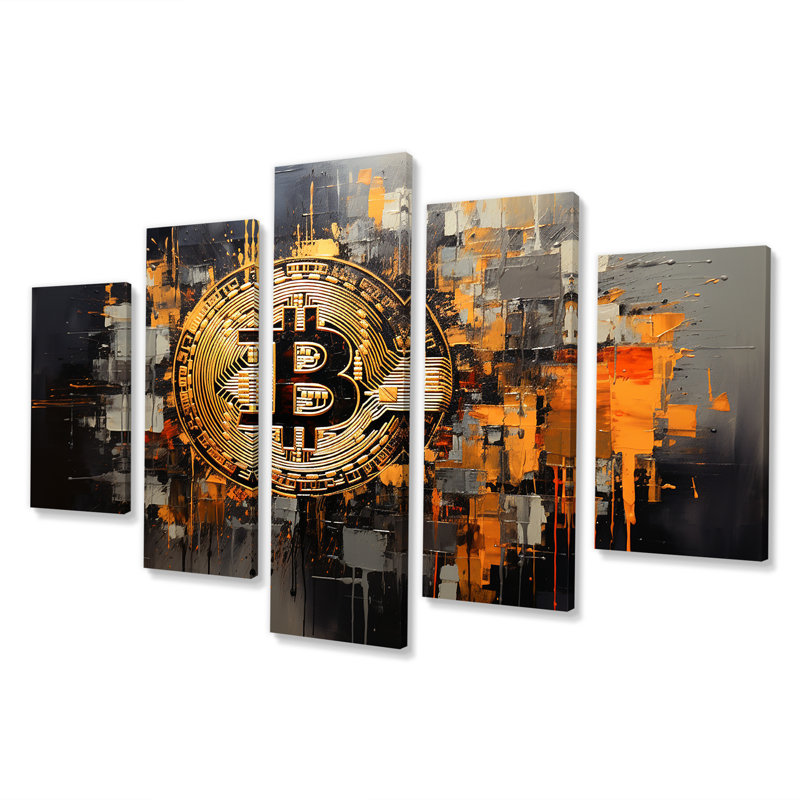  «Gold and Grey Bitcoin Crypto Devise - Fashion Bitcoin Multipanel Wall Art Set