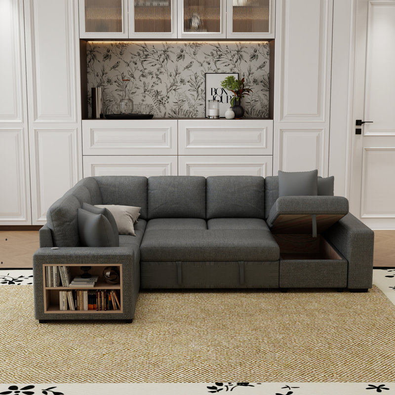 Canapé-lit modulaire de 109 po en forme de U avec escamotable, deux ports USB, un espace de rangement et quatre coussins de dossier pour le salon