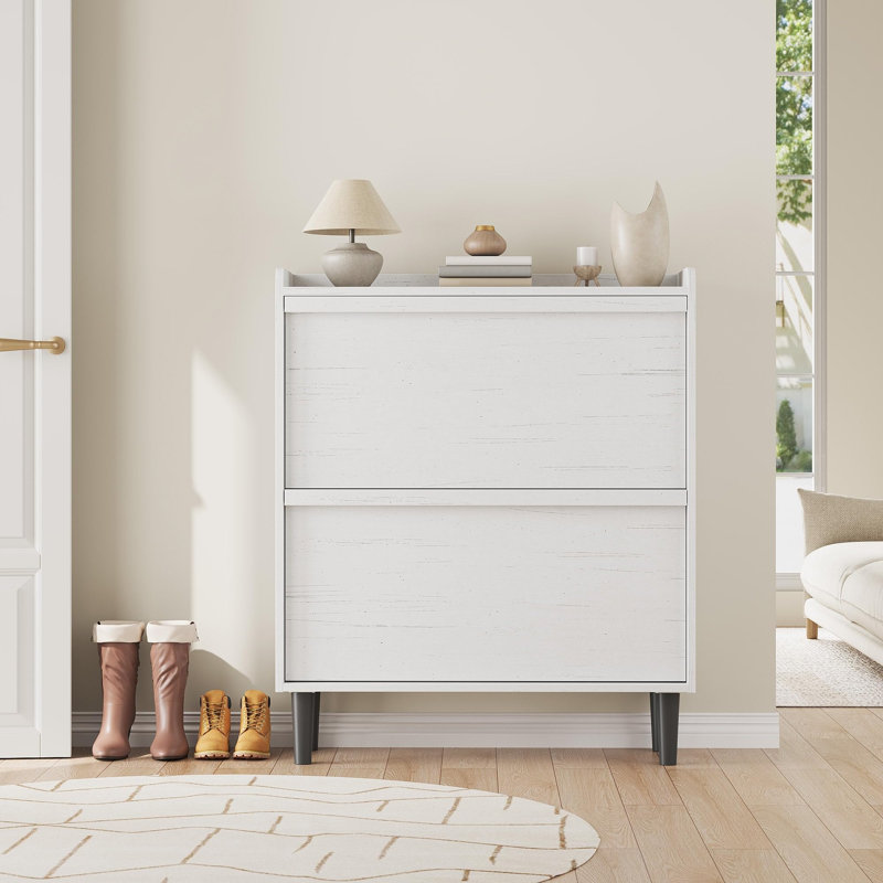 Slim Shoe Storage Cabinet with 2 Flip-Down Drawers, Adjustable Shelves & Wooden Handle, Entryway Organizer with Anti-Tip Kit, White