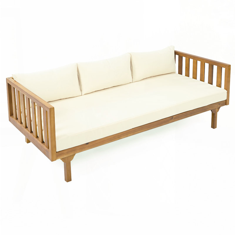 Acacia Wood  Outdoor 3 Seater Daybed With Cushion, Beige 1