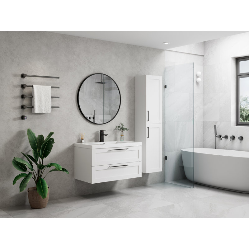 Devillage 35.4'' Wall Mounted Single Bathroom Vanity with Engineered Stone Top, White Lacquer