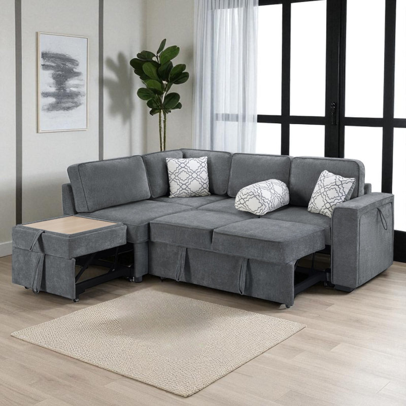 L-Shaped Sectional Sofa Bed With USB Ports And Storage, Dark Gray Chenille