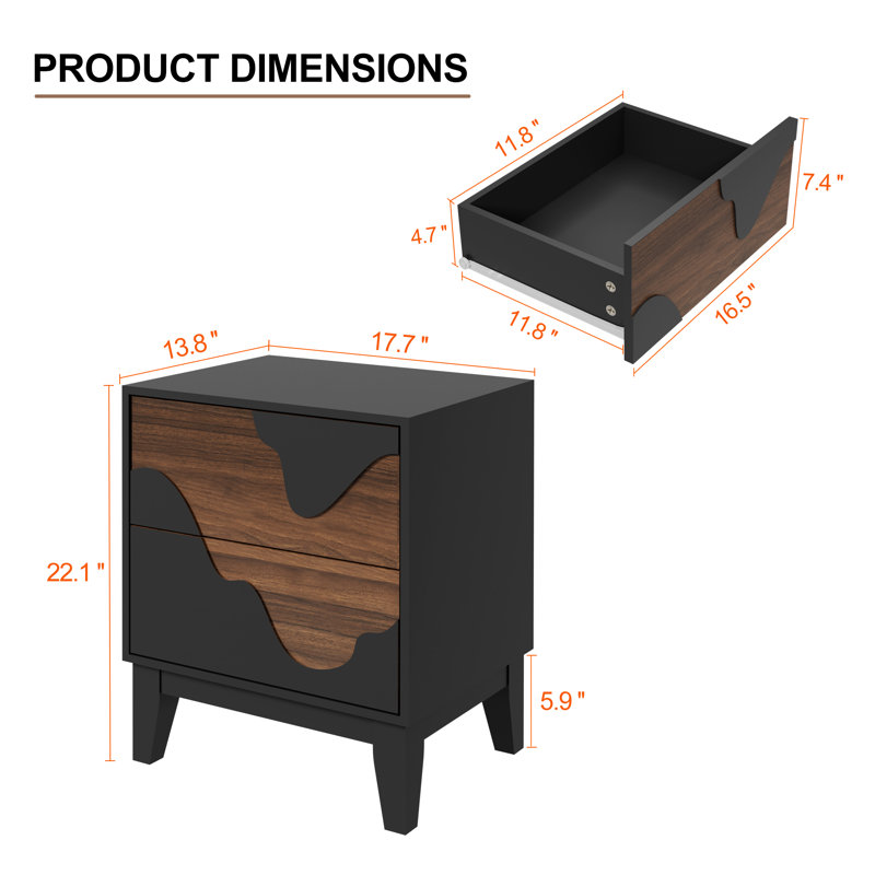 17.7“W Flowing Water Geometry Nightstand, Black
