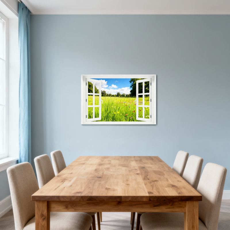 Paysage, nature, fenêtre ouverte, champ, fleurs, ciel, arbres, vert, nature, H 28 po x l 40 po