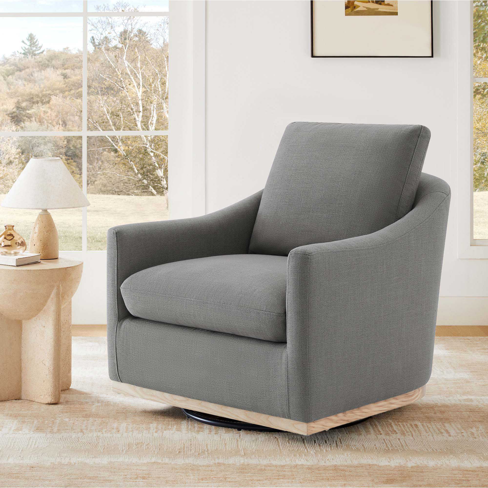 Deary Upholstered Swivel Barrel Chair, Effie Flint Performance Linen