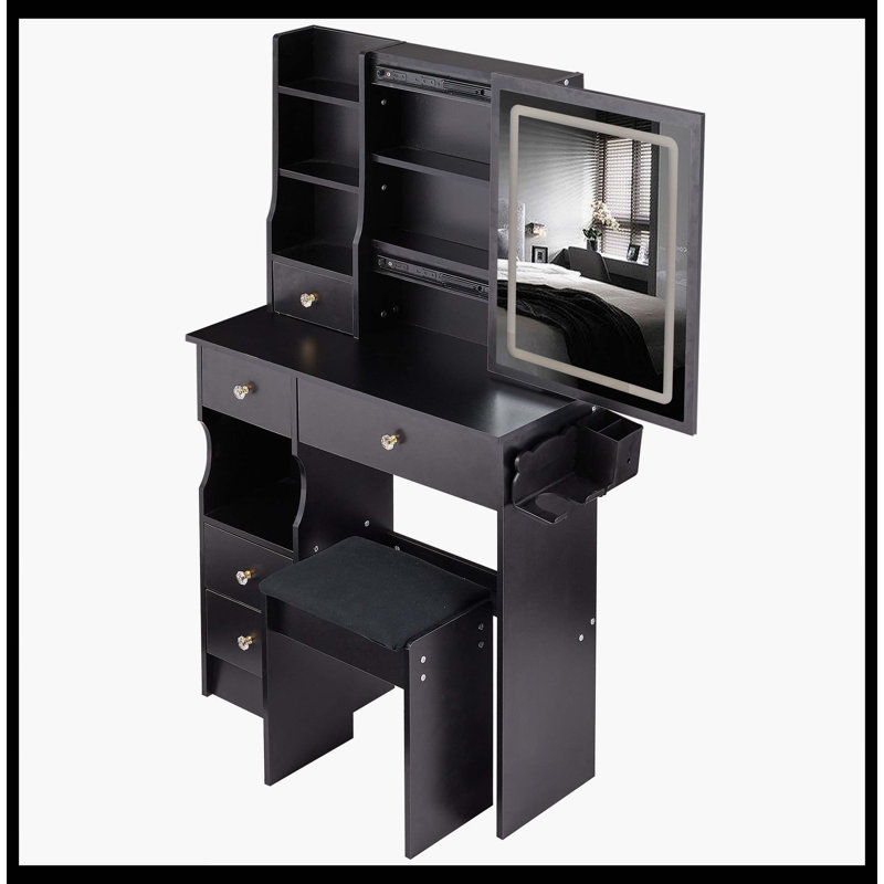 29.2" Small Size Left Drawer Desktop Vanity Table + Cushioned Stool, 2 AC+2 USB Power Station, Hair Dryer Bracket, Extra Large Touch Control Sliding LED Mirror, Tri-Color Switching, Brightness Adjust