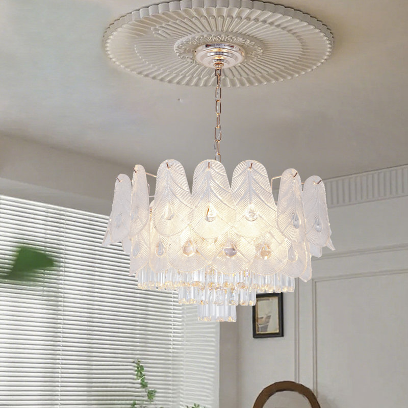 Lustre en feuille d'or et cristal - plafonnier E14 à 8 lumières avec ampoules tricolores, luminaire suspendu de 23 po de largeur