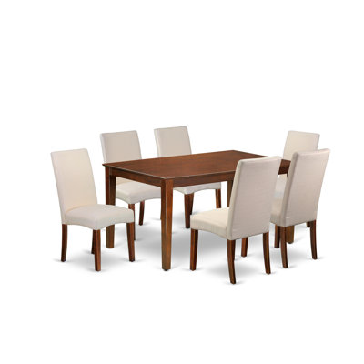 Ensemble de table de salle à manger 7 pièces composé d'une table de cuisine rectangulaire et de 6 chaises de salle à manger Parson en tissu crème, 36 x 60 pouces, acajou