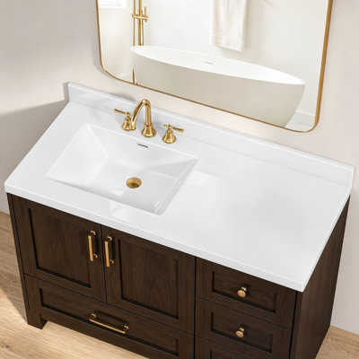Plan de toilette en surface solide de 107 cm (42 po) avec lavabo intégré à gauche, comptoir de salle de bain blanc avec dosseret de 9 cm (3,5 po) et 3 trous prépercés pour robinet à entraxe de 20 cm (8 po).