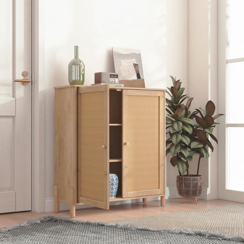 Armoire de rangement Mid-Century, rotin, tablettes réglables - standard