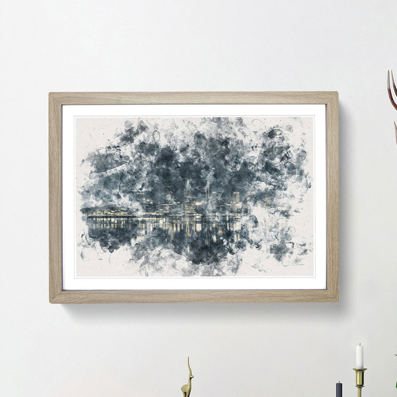 Perth City Skyline Australia at Night - Picture Frame Painting Print, Oak Framed, 45cm H x 63cm W x 2cm D