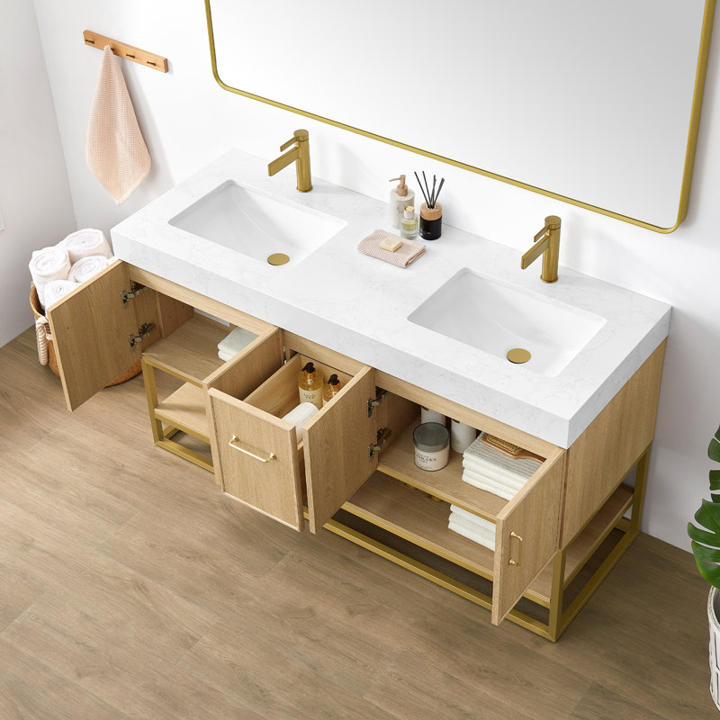 Ensemble de meuble-lavabo à double cuve 60 "en chêne foncé Scotto avec plateau en pierre composite à grain blanc Scotto, 60"