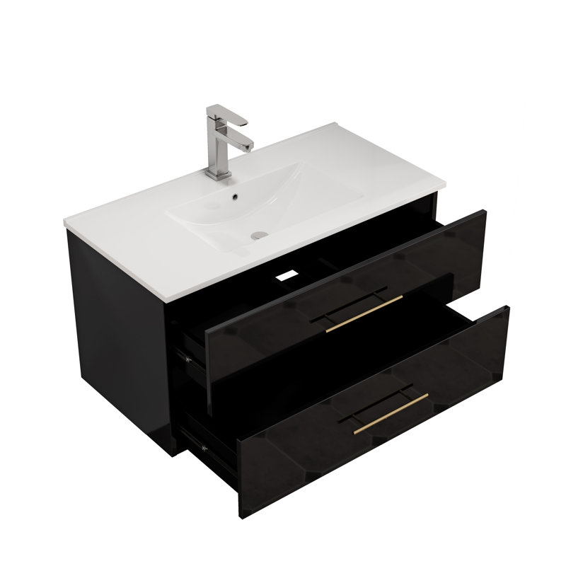 Meuble-lavabo mural moderne en MDF noir avec lavabo en céramique, rangement spacieux, accents dorés