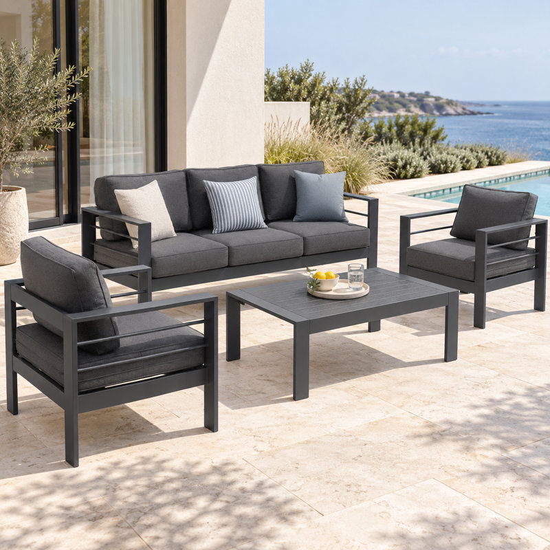 Ensemble de conversation d'extérieur en aluminium pour 5 personnes avec coussins, 4 Pcs: Table, Sofa, 2 Chairs