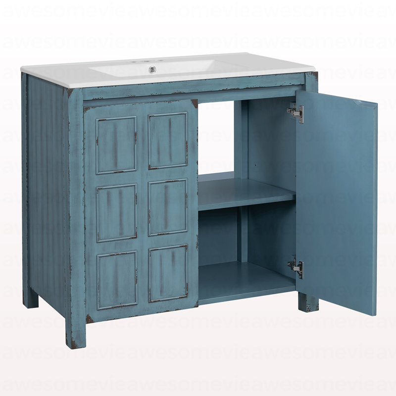 Organisateur de meuble-lavabo 36 po avec lavabo en céramique, ensemble d'armoire de rangement, bleu rétro, Bleu rétro