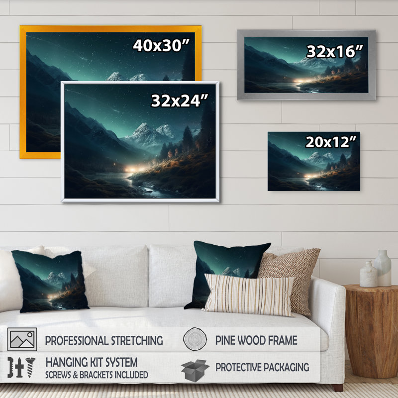 Night Sky Mountain Peaks - Imprimé, Cadre simple noir, H 12 po x l 20 po x P 1 po