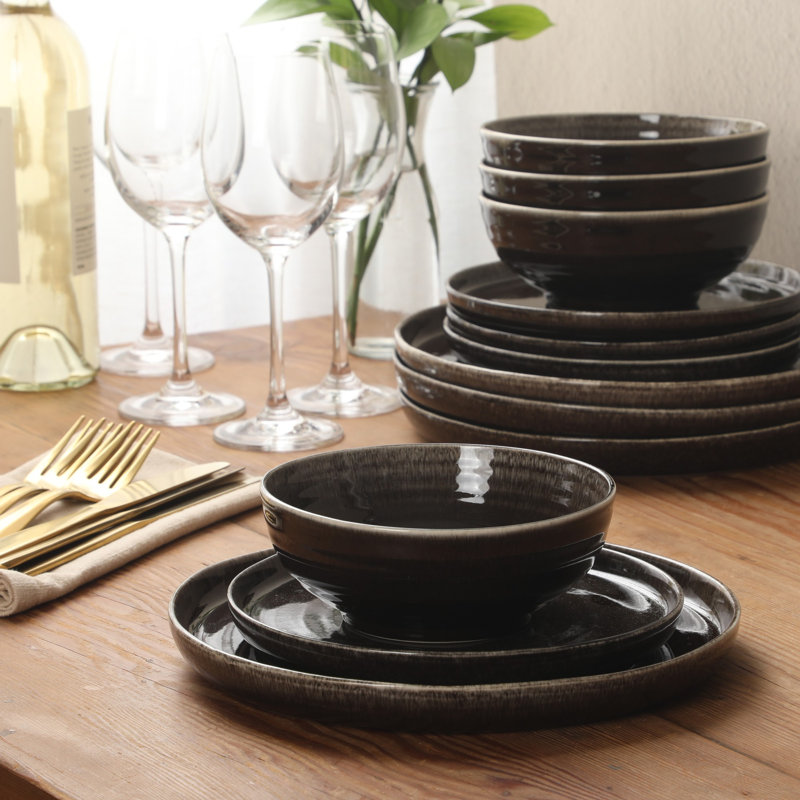 Gibson Elite Eclipse Swirls Plates and Bowls Sets, 12-Piece Stoneware Dinnerware Sets, Reactive Glaze Dish Set - Black, Brown