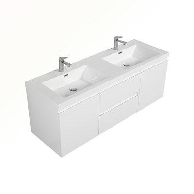 Meuble-lavabo mural de 60 po avec lavabo, meuble-lavabo mural moderne 60 po avec lavabo double en résine
