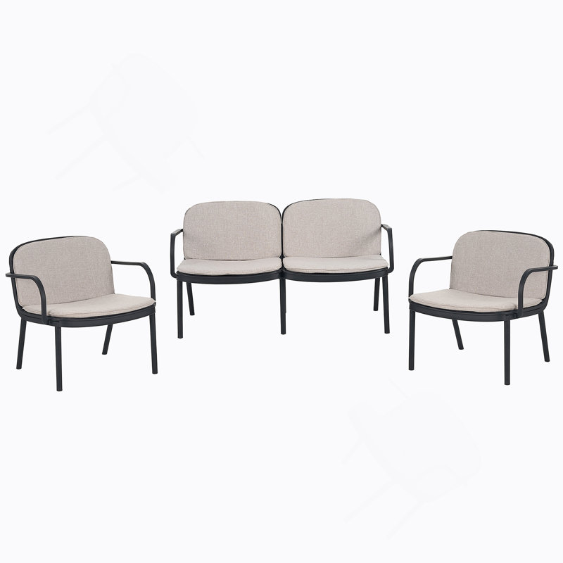 Ensemble de conversation d'extérieur 3 pièces PP, cadre noir avec coussin beige (2 fauteuils club et 1 causeuse)