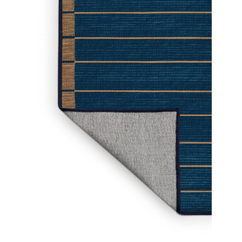 Machine Washable Horizontal Stripes Blue Area Rug, Round 3'