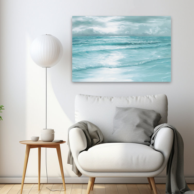 Morning Calm - Coastal Calm Ocean Waves Soft Seafoam Horizon, dessin au trait, H 24 po x l 36 po