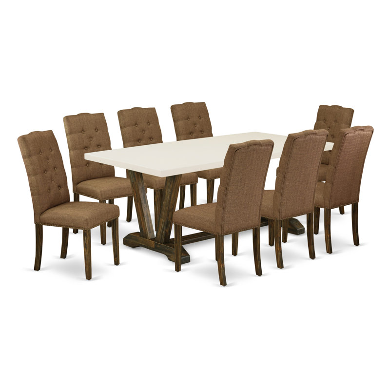 Ensemble de 9 pièces avec un magnifique plateau de table en lin blanc et 8 chaises de salle à manger Parson beige brun avec têtes de clous et finition jacobine capitonnée et patinée