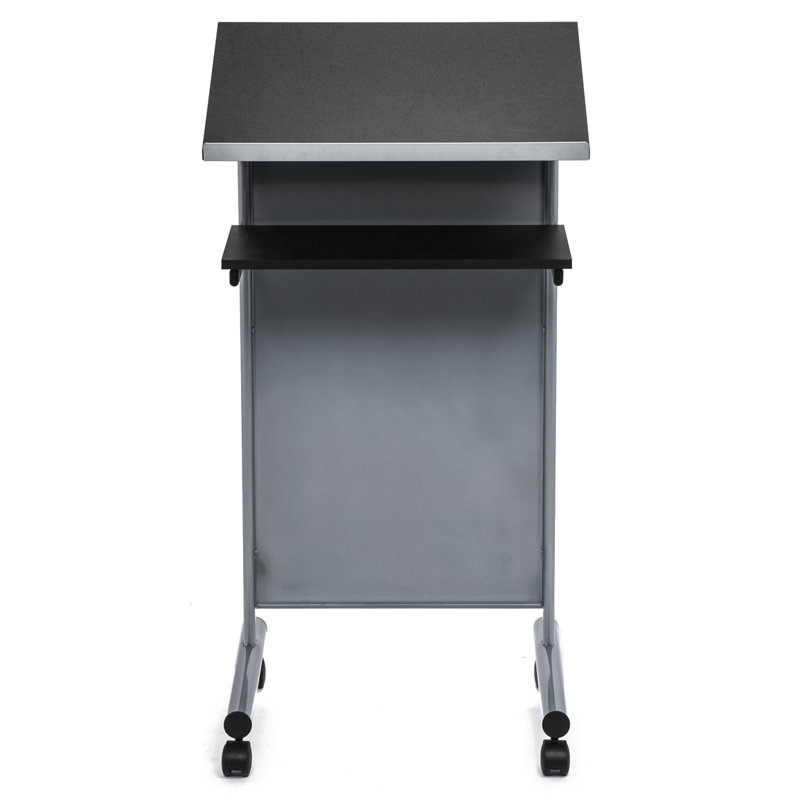 Black and Silver Metal Wheeled Lectern with Storage Shelves