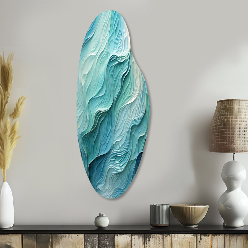 Turquoise bleu et blanc Serenity Swirl I - spirales abstraites grand art mural en métal, reproduction d'art asymétrique moderne