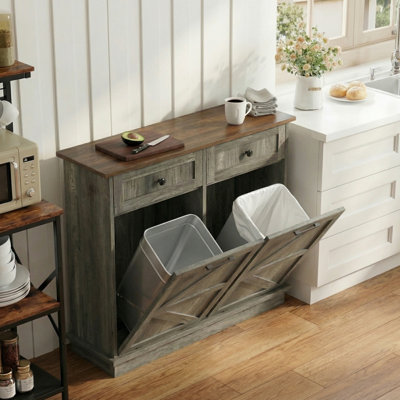 Armoire à poubelle double inclinable avec 2 tiroirs, poubelle autoportante dissimulée, rustique (ne pas inclure la poubelle)