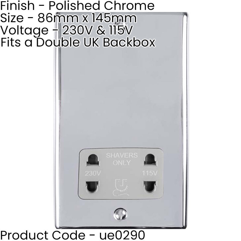 230v & 115v Shaver Twin Socket Wall Plate  Grey Trim 86mm x 146mm, Silver/Grey, Chrome