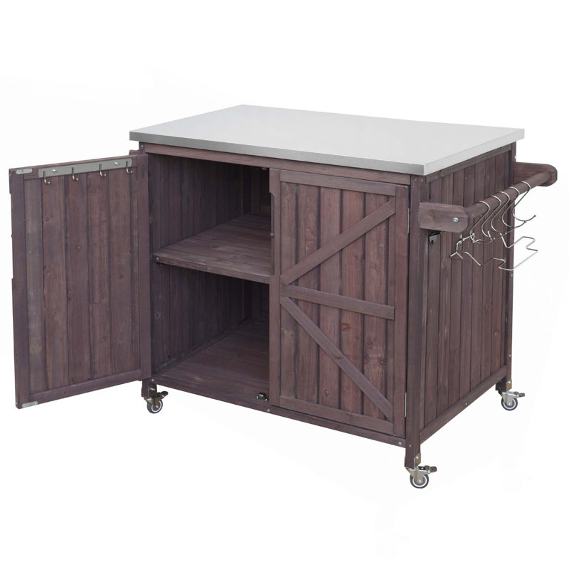 42.1" Outdoor Kitchen Island With Side Shelf, Stainless Steel Top, Adjustable Shelf & 4 Wheels, Dark Brown