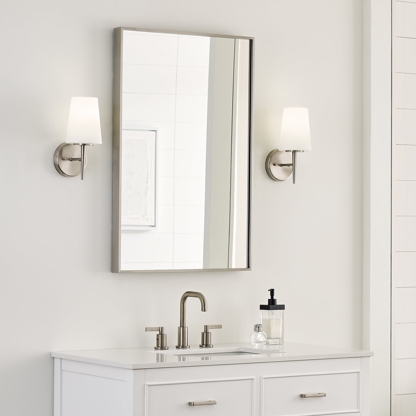 Erlandson Single Light Glass Dimmable Armed Sconce, 100W A19 Medium, Brushed Nickel