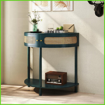 Table basse demi-cercle bohémienne en rotin - 2 tiroirs Tablette inférieure, peu encombrante, conçue pour le salon