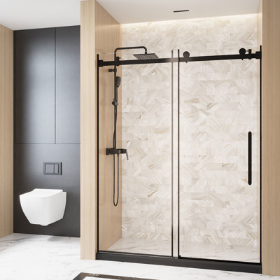 1/4 " 6 Mm  Clear Tempered Glass Single Sliding Shower Door 56 - 60 "w X 76" H, Proof Film, Stainless Steel Square Tube Track, Handle, Matte Black For Bathroom H Door, With Handle And