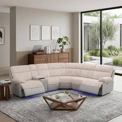 Canapé modulaire inclinable électrique, fauteuil inclinable électrique en L pour le salon, canapé modulaire en velours côtelé, meubles de salon 5 places avec console de rangement / port USB (beige et gris)